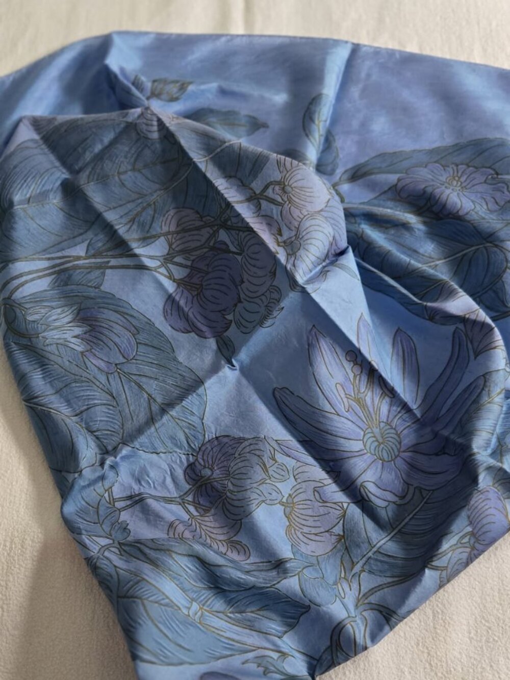 Vintage 100% Thai Silk Floral Scarf Blue 33 x 35 inch Made in Thailand